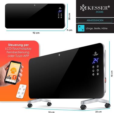Електрична скляна панельна батарея KESSER® з Wi-Fi, сенсорним екраном та пультом керування | 2000 Вт, білий/чорний | для дому та офісу