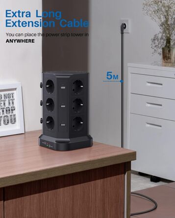 KOOSLA Тур Steckdosenturm 12 Fach з USB (6x) та захистом від перенапруги (4000W/16A) для офісу, кухні, столу, 5м, чорний