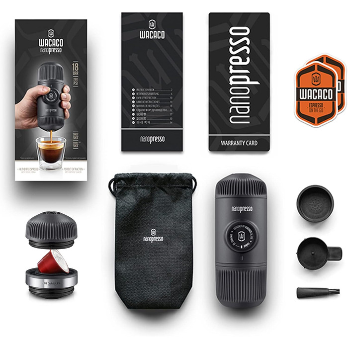 WACACO Nanopresso Portable Espresso Machine with NS Adapter, Compatible with *Nespresso®* Capsules and Ground Coffee, Manual Travel Coffee Machine Set, Perfect for Camping