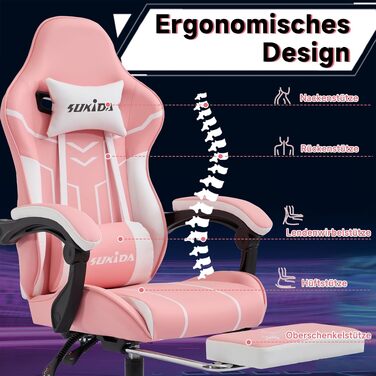 Ігрове крісло SUKIDA Ergonomic Gaming Chair з підножкою та підтримкою попереку, комп'ютерне офісне крісло (Рожево-біле)