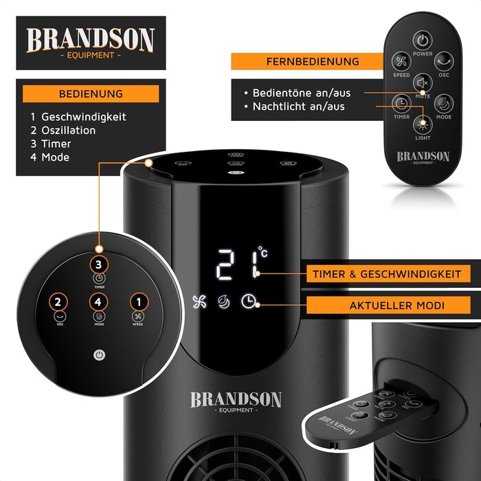 Вентилятор DC Brandson з пультом керування - тихий, 8 швидкостей, Sleep Mode, осциляція, 4 режими, дисплей, енергозберігаючий