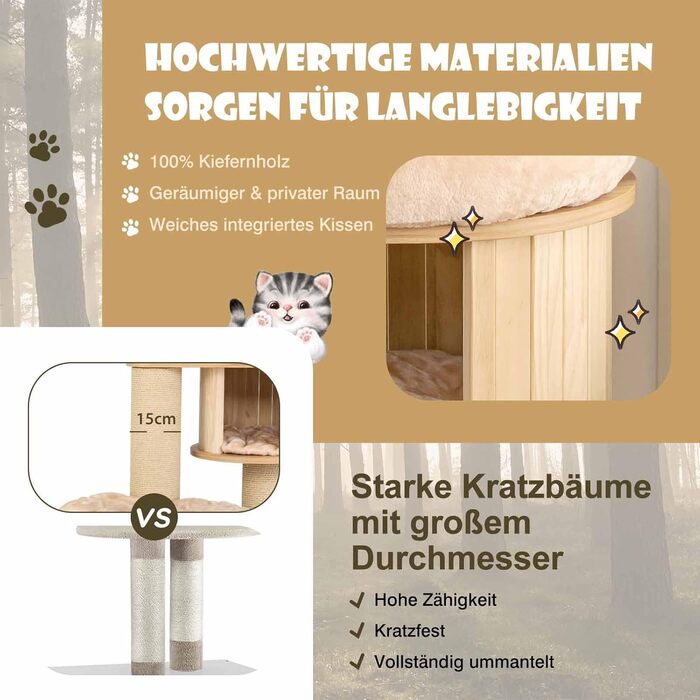 Дерев'яний кігтечка Costway 197 см з гамаком, будиночком та кошиком для котів, 7-ярусний, бежевий