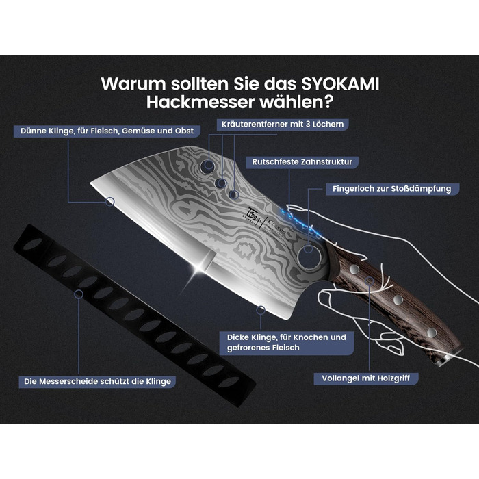 Ніж кухарський SYOKAMI Fleischermesser Damast, 19.5 см, з дерев'яною ручкою та піхвами, для кухні та дому