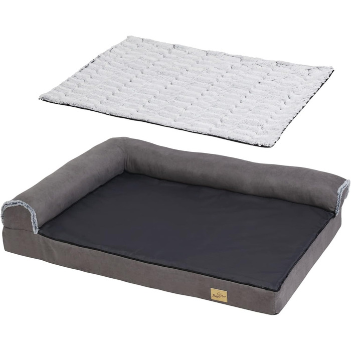 BingoPaw Ортопедичне ліжко для собак великих порід: м'яке, зручне, знімний чохол, легко мити. Ліжко-корзина для собак з пінополіуретановою матрацом, ковзаюча підкладка, сіре ліжко-софа XL 120x90x25 см (XXL: 135x100x28 см)