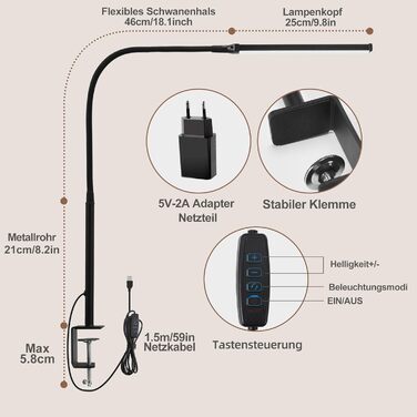LED лампа для столу з кріпленням, регульована світлодіодна лампа з 3 кольорами та 10 рівнями яскравості, захищає зір, лампа для роботи, чорна