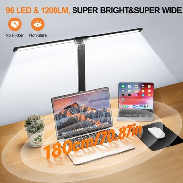 Настільна лампа One Fire з адаптером, 1000 люмен, 96 LED, диммування, для навчання дітей, з таймером та функцією пам'яті, денне світло, білий/чорний колір