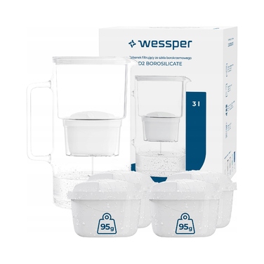 Скляний фільтр-глечик Wessper D2 з боросилікатного скла, 3 л, білий + 5 фільтрів