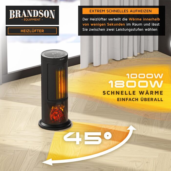 Електричний обігрівач Brandson з ефектом каміна: тихий, енергоефективний, з дистанційним керуванням, таймером, для ванної, вітальні, офісу, дитячої кімнати (чорний)