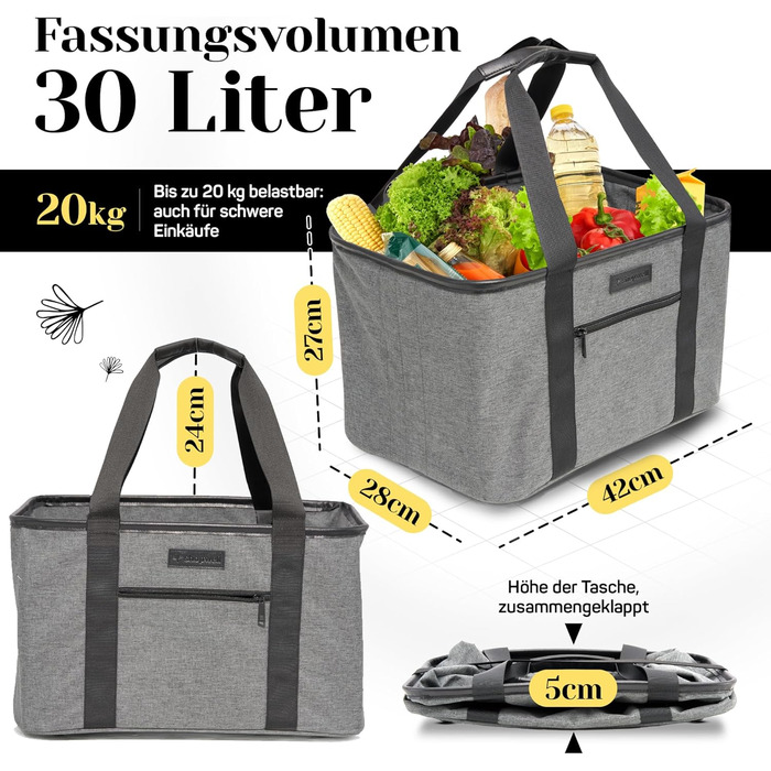 Foldable shopping basket in premium quality | Shopping bag with soft PU leather handle | ideal basket for shopping, 30 liters | stable & secure shopping bag (gray/black)
