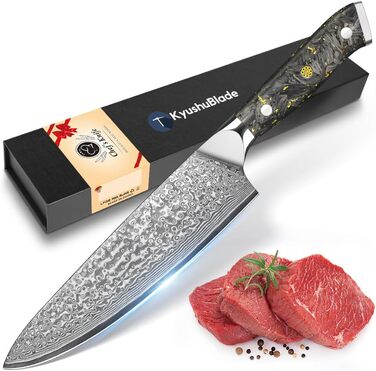 Японський ніж Kuchmesser Kyushublade з дамаської сталі (67 шарів), професійний, з унікальною ручкою з карбону та золота