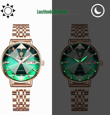 Жіночий наручний годинник JewelryWe Rosegold: кварцовий аналоговий годинник зі сталі, водонепроникний (30м), з календарем, підсвічуванням стрілок та граненим склом, колір Rosegold-Зелений