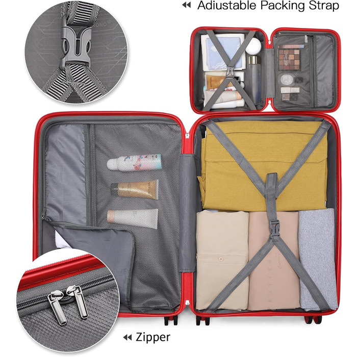 Валіза на 4 колесах, міцна та легка, з TSA-замком та YKK-блискавкою, тихі колеса, ручна поклажа з косметичною сумкою (Червоний)