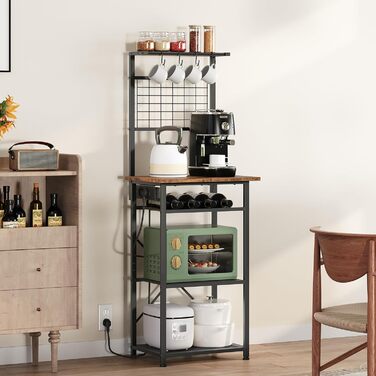 Стельова полиця з розетками, підлогова полиця, полиця пекаря, 35 x 48 x 135 см, 4 гачки S-подібної форми, станція для кавової бару з тримачем для пляшок та гачками, вінтажний коричневий та чорний колір ABRHR23UE01