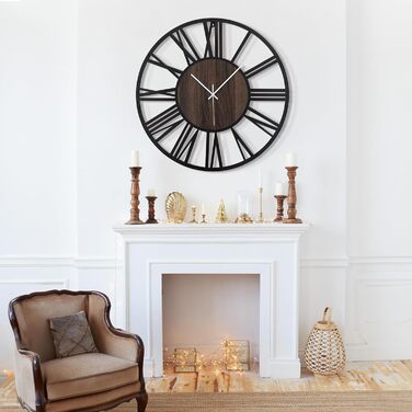HAITANG Round Wall Clock, Black, 34 cm, for Living Room, Decoration, Vintage Style, Roman Numerals, Silent, Non-Ticking, Wall Clocks for Home, Garden, Office, Cafe Decoration (50 cm, Black)