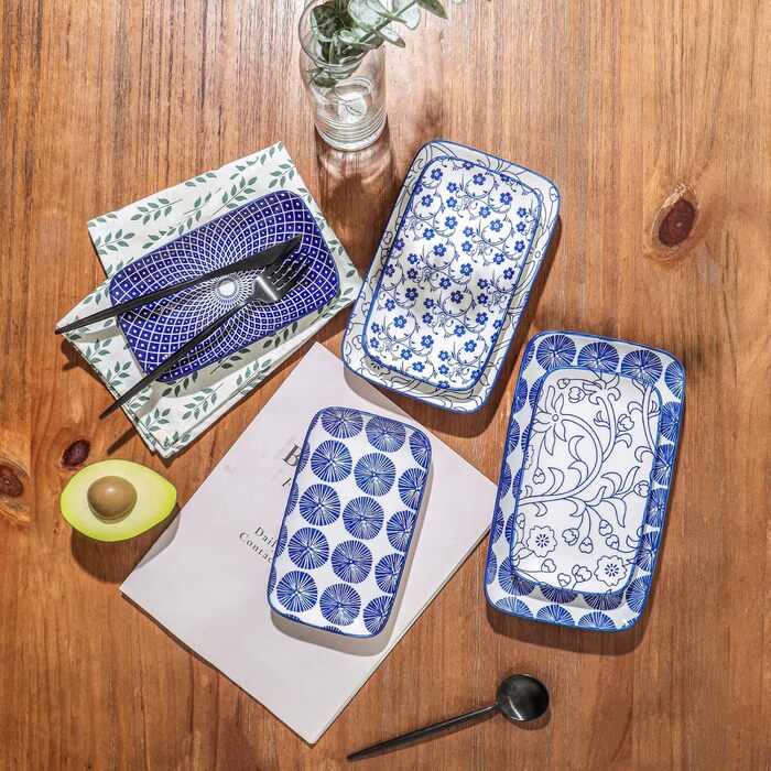 Набір тарілок Selamica, 6 шт., прямокутні, для закусок, десертів, суші, фруктів, 18 × 10.5 × 2 см (Вінтажно-блакитний)