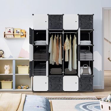 HENGMEI DIY Closet Wardrobe Storage Rack Shelf System 12-Cube Organization System Shoe Rack Closet with Door (Black) (20 Boxes)