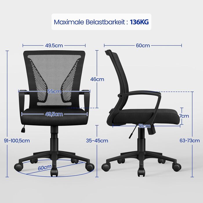 Офісний крісло Yaheetech ергономічне, комп'ютерне з сітчастою спинкою, з підлокітниками, для офісу та дому, чорне, до 136 кг, з регулюванням висоти та функцією гойдання