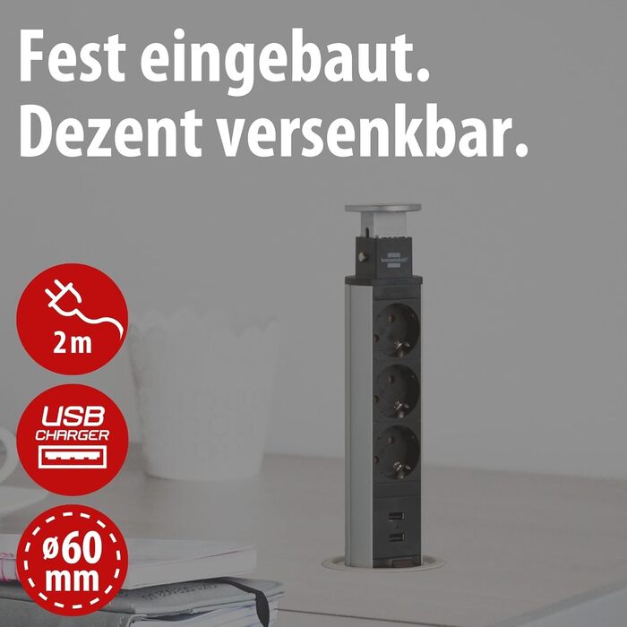 Вбудований мережевий фільтр Brennenstuhl Tower Power, висувна настільна розетка 2м, алюміній/чорний (3 розетки + USB)