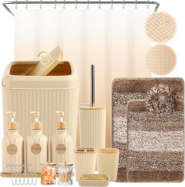 Набір аксесуарів для ванної кімнати 17 предметів: сміттєвий бак, дозатори мила, тримач для зубних щіток, мильниця, попільничка, 6 дерев'яних гачків, аксесуари для ванної кімнати з підносом (Бежевий)