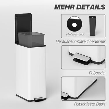 Сміттєвий відер HOMCOM на 20 л з педаллю та м'яким закриттям кришки (Soft-close), нержавіюча сталь, білий, 21.5 x 37.2 x 57 см