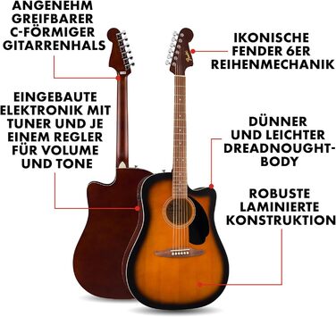 Акустична гітара Fender California Debut Redondo Dreadnought CE з вирізом, шпон з ялини, чорний колір, Natural (електроакустична гітара, 2-колірний Sunburst)