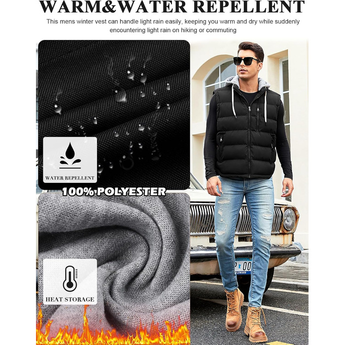 Чоловіча степкова жилетка Vancavoo на осінь/зиму з капюшоном, чорна, розмір M
