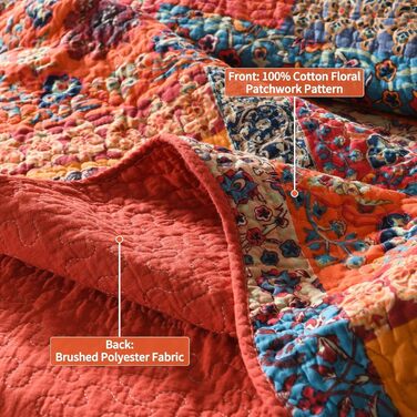 Покривало Qucover Shabby Chic 250x270 см, стьобане, бавовна, комплект з наволочками, патчворк у сільському стилі для двоспального ліжка