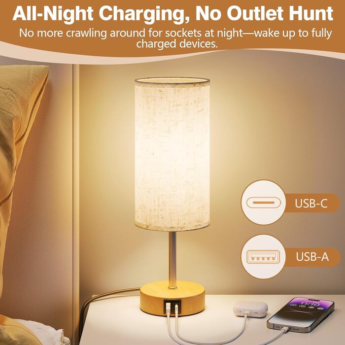 Нічна лампа UPXNBOR з USB-A та USB-C зарядкою, торшер з сенсорним керуванням та 3 рівнями тепла, для спальні та вітальні (E27 лампочка в комплекті), тканинний абажур