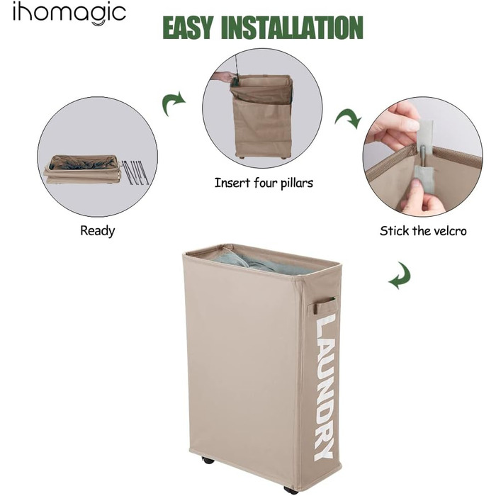 IHOMAGIC 40 л Тонкий кошик для зберігання з ручками, складаний тканинний кошик для білизни на колесах, вузький переносний кошик для брудної білизни, іграшок, рушників, пледів (хакі)