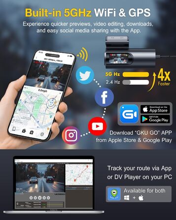 Відеореєстратор GKU 4K Dual з GPS, WiFi, ParkSurv, Нічне Бачення, WDR, 170° та G-Sensor. В комплекті SD-карта 64GB. Чорний