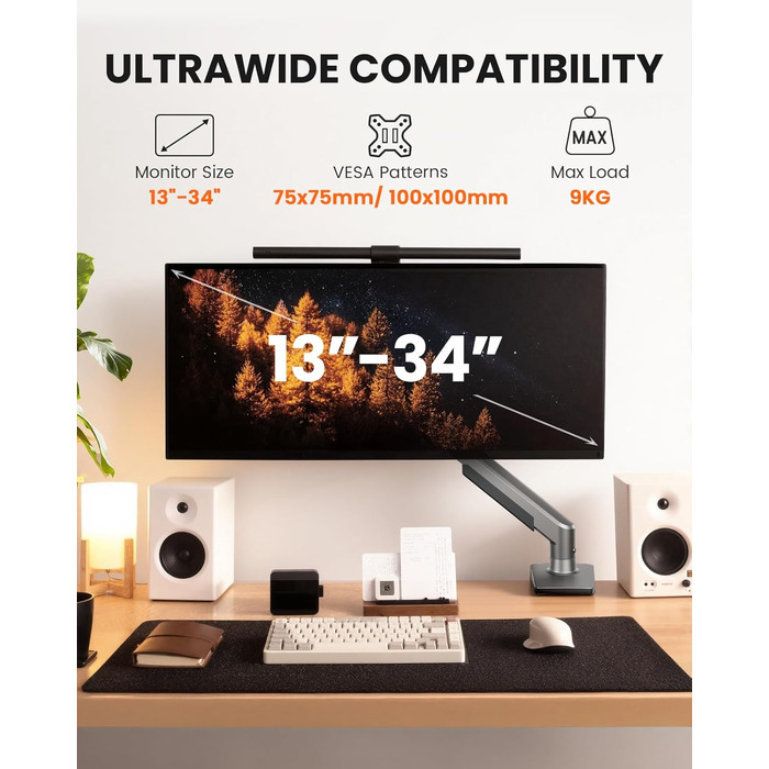 Кріплення для монітора ErGear: регульований кронштейн для моніторів 13-34 дюймів, підставка з кабельною організацією, VESA 75/100 мм, до 9 кг (срібний)