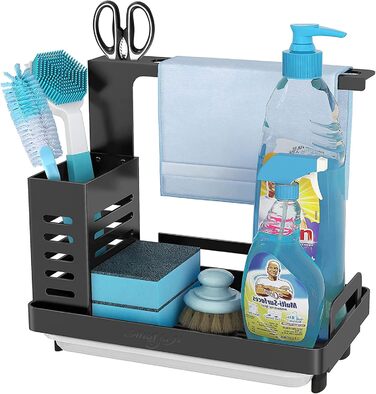 Shunfaji Sink Organizer Sink Caddy Organizer Stainless Steel Utensil Basket for Kitchen & Bathroom with Drain Pan, Adhesive Countertop Dual-Use Sponge Brush Soap Dish Holder