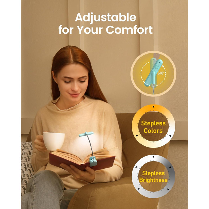 LED лампа для читання Glocusent з кріпленням на книгу, 22 світлодіоди, таймер, регулювання яскравості та кольору, акумулятор 1000 mAh (до 100 годин), для книголюбів, блакитна