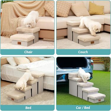 Pet Stairs for Small Dogs with Storage, Folding Dog Stairs for Bed Couch, Dog Stairs Dog Ramp with Non-Slip Bottom, Leak-Proof, Up to 80kg, Steps, (Beige, 5, 33x101x54cm)