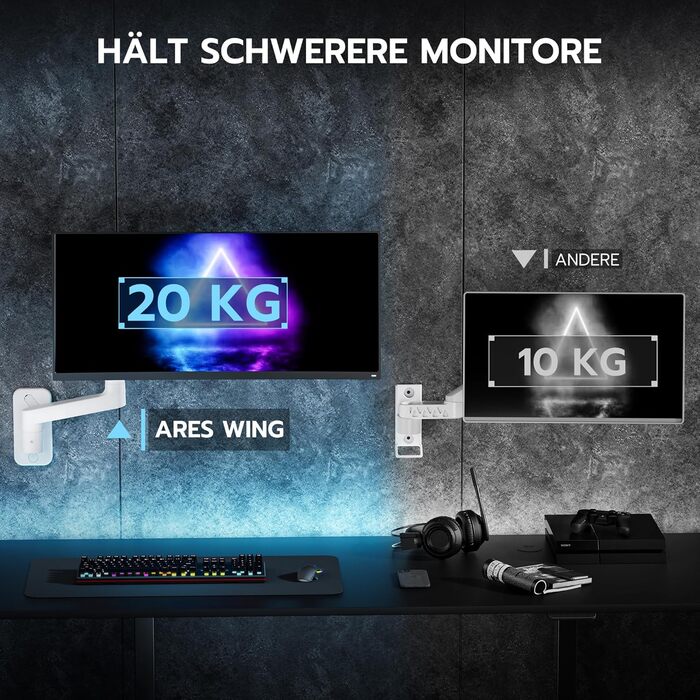Настінний кронштейн для монітора ARES WING для Ultra Wide екранів 17-49 дюймів, газліфт, навантаження до 20 кг, VESA 75/100, білий