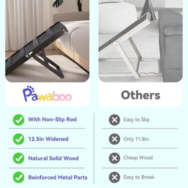 Pawaboo Рампа для собак, дерев'яна, регульована висота, 11.6'-22.4', для маленьких та середніх собак до 65 кг, протиковзка, для авто, ліжка, дивану (80x30 см, чорна)
