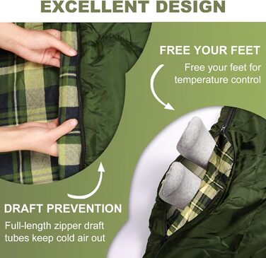 Сплячий мішок двомісний ETGLCOZY для дорослих та дітей, XL Queen Size, 220*160 см, для кемпінгу, походів, хайкінгу, водонепроникний, з компресійним мішком (зелений)