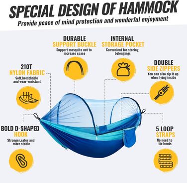 Легка туристична гамак з москітною сіткою, 300 кг | Гамак для кемпінгу, подорожей, пікніків, дихаючий, швидковисихаючий | Гамак з парашутного нейлону, портативний, для рюкзаків, піших прогулянок, саду (синій, 270x140 см)