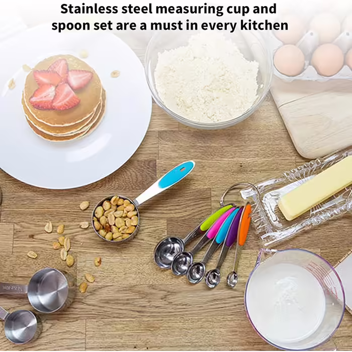 Measuring Spoon Set, 10-Piece Measuring Cup and Spoon Set, Stainless Steel Measuring Spoons with Silicone Handles, Durable Stackable Measuring Cup and Spoon Set for the Kitchen