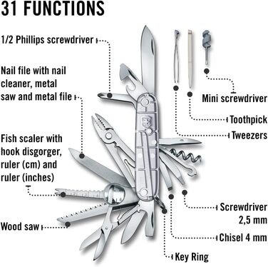 Мультитул Victorinox Swiss Champ: 33 функції, ніж, відкривачка, викрутка, прозорий сріблястий