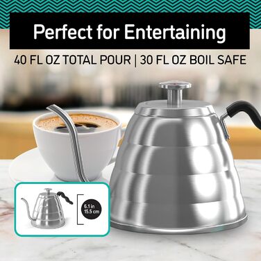 Чайник з гусиною шийкою Coffee Gator, 1200 мл, нержавіюча сталь, з термометром для плити, високоякісний чайник для чаю та кави, прецизійний носик, 5 чашок