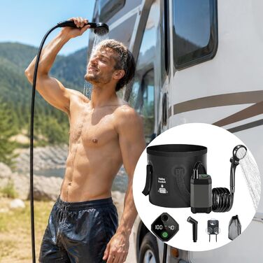 Camping Dusche 2026: Портативний душ для кемпінгу з акумулятором, 6000mAh, 3 режими, 5 галонів, складаний водостік для подорожей та походів