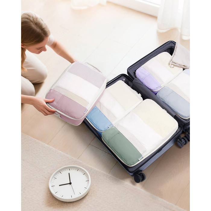 Набір органайзерів для валізи Narwey (6 шт.) - кубики для пакування з компресією, бежевий. Організація подорожей та зручне пакування речей.