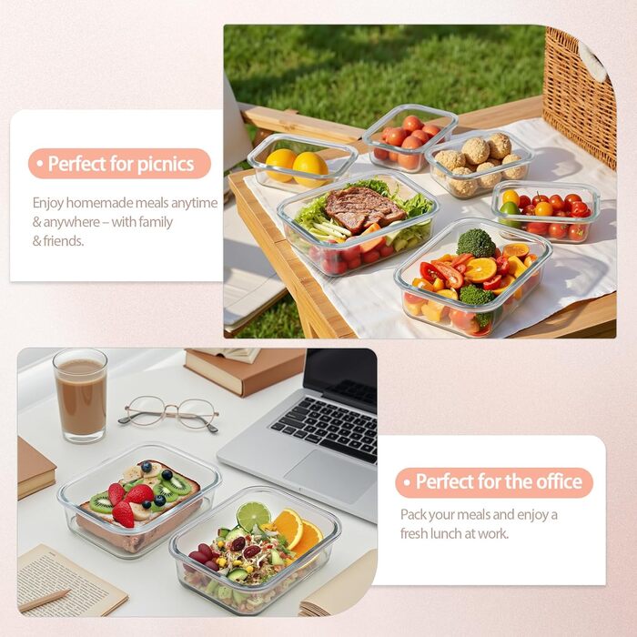 Набір контейнерів для зберігання їжі з боросилікатного скла з кришкою, BPA-free, не протікають, для мікрохвильової печі, духової шафи, посудомийної машини, для приготування їжі на тиждень (Meal Prep) – рожевий (SA1637)