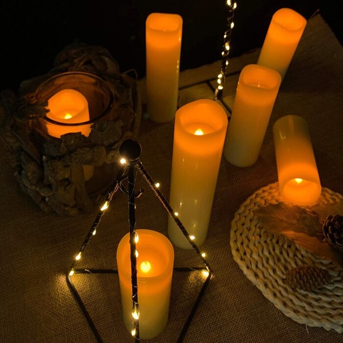 LED Candles, Set of 9 Flameless Candles, Battery-Powered Candles Flicker, D5.5cm x H10/12.5/15/17.5/20/22.8cm, Real Wax Pillar Candles with Remote Control and 24-Hour Timer Function (Ivory)