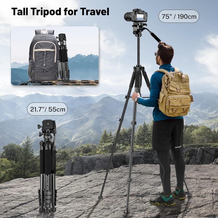 Штатив-трипод JOILCAN 190см для DSLR камер, смартфонів та планшетів, легкий алюмінієвий фотоштатив з сумкою для перенесення, вантажопідйомність 5.4 кг