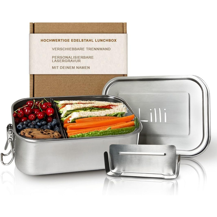 LOOXIS Personalized Stainless Steel Lunchbox with Name & Text Engraved – 800 ml, including compartment divider, leak-proof, Bento Box, lunchbox – Gift idea for children, starting school, work - M