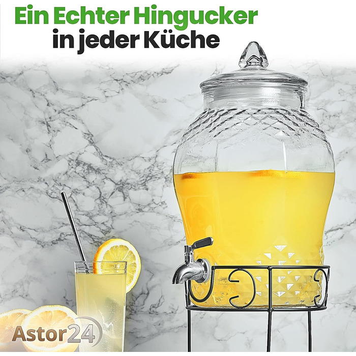 Glass Giraffe - Drink Dispenser with Stainless Steel Tap and Stand - 8 Liter - Water Dispenser - Carafe for Punch and Cocktails - Glass Lemonade Dispenser - Glass Vat
