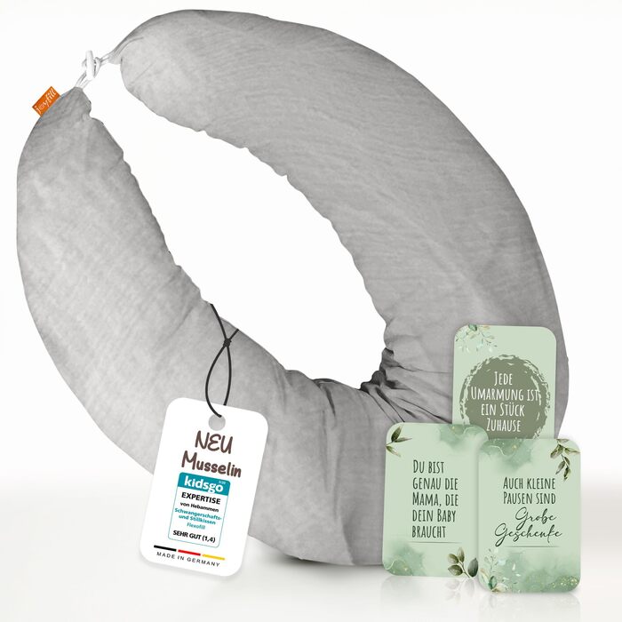 Подушка для вагітних Joyfill Stillkissen XXL: Тестована акушерками, для сну на боці та для годування, з м'якою мусліновою наповнювачем (сірий, 190 см)