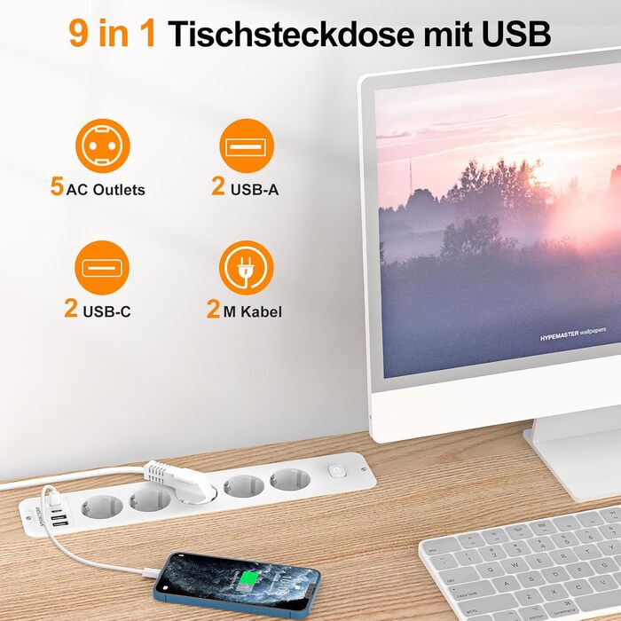 Мережевий адаптер з 2 USB-C (PD 20W) та 1 USB-A, 3 розетки з вимикачем, захист від перенапруги, кабель 1.5м (розподільник для столу)